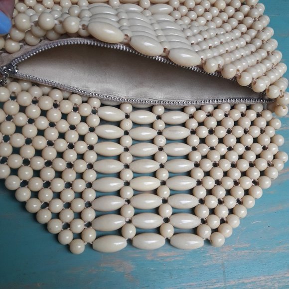 Vintage Beaded Clutch Bag Mini Zipper Closure Creamy Beige Round Oval Beads - Picture 6 of 12